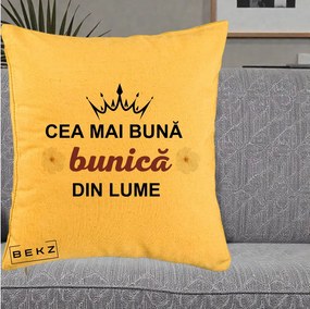 Cadou pentru Bunica - Perna Personalizata Cea Mai Buna Bunica Din Lume Coroana Mov Flori, 40x40 cm, Galben, Husa Detasabila, Perna Inclusa, BEKZ®