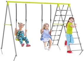 Outsunny 4 în 1 balansoar portic pentru copii cu 2 șezlonguri de balansoar, scară cățărătoare și plasă de escaladă verde | Aosom Romania