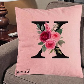 Cadou Personalizat - Perna Personalizata Monograma Florala Litera X cu Buchet, 40x40 cm, Roz, Husa Detasabila, Perna Inclusa, BEKZ®