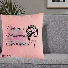 Cadou pentru Cumnata - Perna Personalizata Cea mai Minunata Cumnata cu Silueta Dama si Pete Multicolor, 40x40 cm, Roz, Husa Detasabila, Perna Inclusa, BEKZ®