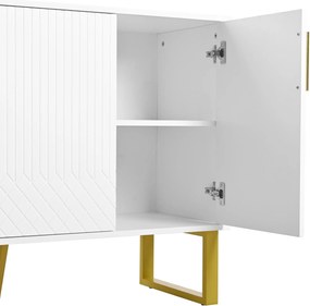 Bufet cu 4 uși, mânere și picioare din metal, spațiu mare de depozitare, 140x40x80 cm, Alb