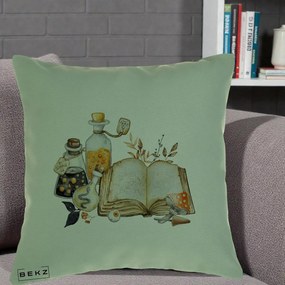 Perna Decorativa Grimoire Vrajitoare si Filtre Magice Halloween, 40x40 cm, Verde, Husa Detasabila, Perna Inclusa, BEKZ®