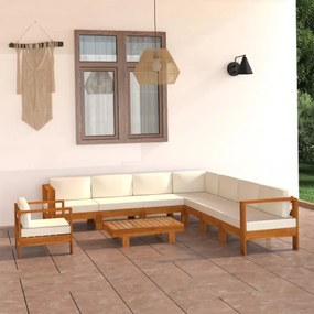 Set mobilier grădină perne alb crem, 9 piese, lemn masiv acacia