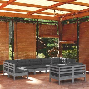 3097249 vidaXL Set mobilier de grădină cu perne, 9 piese, gri, lemn masiv pin