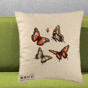 Perna Decorativa Colectie Fluturi Multicolori, 40x40 cm, Bej, Husa Detasabila, Perna Inclusa, BEKZ®