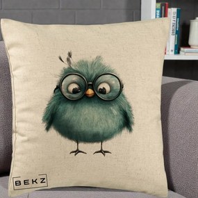 Perna Decorativa Pui Teal cu Ochelari Rotunzi, 40x40 cm, Bej, Husa Detasabila, Perna Inclusa, BEKZ®
