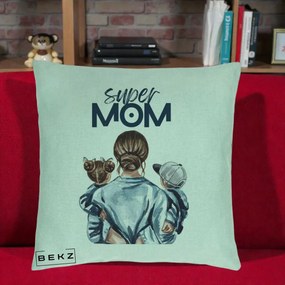 Cadou pentru Mama - Perna Personalizata Super Mom, 40x40 cm, Verde Menta, Husa Detasabila, Perna Inclusa, BEKZ®