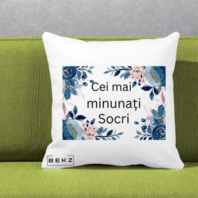 Cadou pentru Socri - Perna Personalizata Cei mai Minunati Socri cu Flori Albastre si Roz, 40x40 cm, Alba Mata, Husa Detasabila, Perna Inclusa, BEKZ®