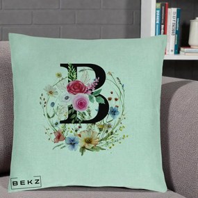 Cadou Personalizat - Perna Personalizata Monogram Litera B cu Flori Acuarela, 40x40 cm, Verde Menta, Husa Detasabila, Perna Inclusa, BEKZ®