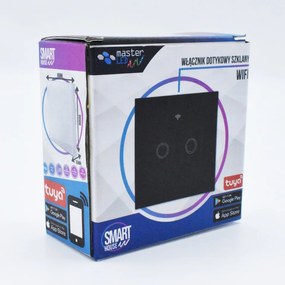 Intrerupator dublu smart, sticla securizata neagra, control Tuya, Masterled