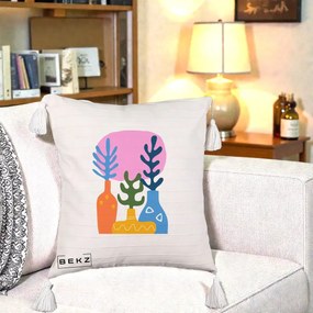 Perna Decorativa Vaze Botanice Abstract, 40x40 cm, Bej cu Franjuri, Husa Detasabila, Perna Inclusa, BEKZ®