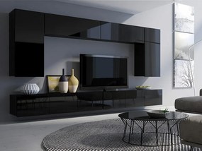 Mobilă pentru sufragerie Providence B133 Negru lucios, Negru, Părți separate, Cu comodă tv, Cu componente suplimentare, PAL laminat, 300x43cm, 116 kg