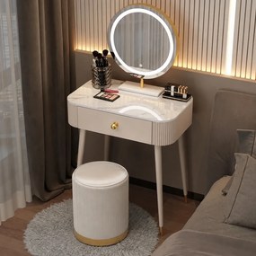 Set VICTORIA GLAM – Masă de Toaletă pentru Machiaj, cu Oglindă LED și Taburet, Accente Aurii și Blat cu efect marmură, Alb