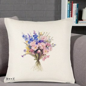 Perna Decorativa Buchet Floral Acuarela Primavara, 40x40 cm, Crem Reliefat, Husa Detasabila, Perna Inclusa, BEKZ®