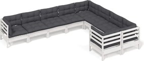 vidaXL Set mobilier de grădină cu perne, 9 piese, alb, lemn de pin