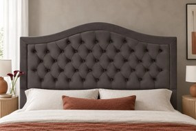 Pat tapițat Chesterfield din catifea Solaria Deluxe 140×200 cm, gri închis, cu ladă de depozitare