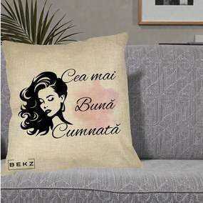 Cadou pentru Cumnata - Perna Personalizata Cea mai Buna Cumnata cu Silueta Dama si Pete Roz, 40x40 cm, Crem, Husa Detasabila, Perna Inclusa, BEKZ®