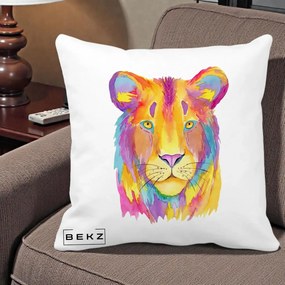 Perna Decorativa Leu Acuarela Curcubeu, 40x40 cm, Alba Mata, Husa Detasabila, Perna Inclusa, BEKZ®