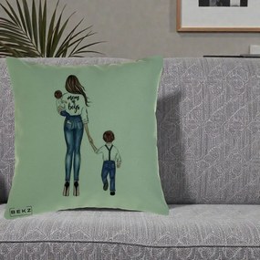 Cadou pentru Mama - Perna Personalizata Mom of Boys Mama cu Baietii, 40x40 cm, Verde, Husa Detasabila, Perna Inclusa, BEKZ®