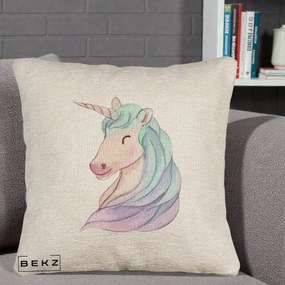 Perna Decorativa Unicorn Acuarela Pastel, 40x40 cm, Bej Canapea, Husa Detasabila, Perna Inclusa, BEKZ®