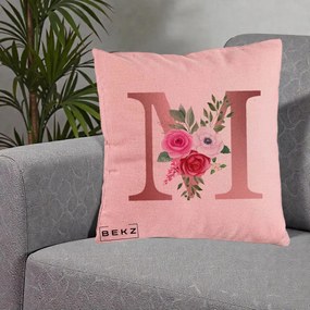 Cadou Personalizat - Perna Personalizata Monograma Rose Gold Litera M cu Trandafiri, 40x40 cm, Roz, Husa Detasabila, Perna Inclusa, BEKZ®