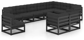 3076868 vidaXL Set mobilier grădină cu perne, 10 piese, negru, lemn masiv pin