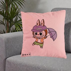 Perna Personalizata Labubu Lucky cu Umbrela, 40x40 cm, Roz, Husa Detasabila, Perna Inclusa, BEKZ®