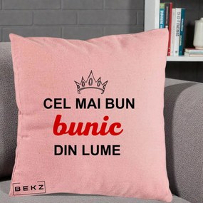 Cadou pentru Bunic - Perna Personalizata Cel Mai Bun Bunic Din Lume Coroana Rosu, 40x40 cm, Roz, Husa Detasabila, Perna Inclusa, BEKZ®