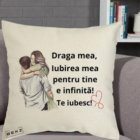 Cadou pentru Iubita - Perna Personalizata Draga Mea Iubirea Mea Infinita Te Iubesc cu Cuplu Acuarela, 40x40 cm, Ecru, Husa Detasabila, Perna Inclusa, BEKZ®