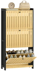 HOMCOM Mobila pentru pantofi 18 perechi cu 3 sertare rabatabile, uși din bambus cu lamele, 60x24x118cm, negru și lemn natural | Aosom Romania