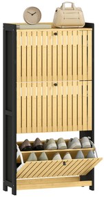 HOMCOM Mobila pentru pantofi 18 perechi cu 3 sertare rabatabile, uși din bambus cu lamele, 60x24x118cm, negru și lemn natural | Aosom Romania