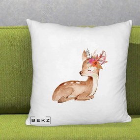 Perna Decorativa Caprioara cu Flori in Coama, 40x40 cm, Alb Pufos, Husa Detasabila, Perna Inclusa, BEKZ®