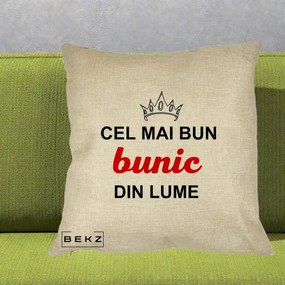 Cadou pentru Bunic - Perna Personalizata Cel Mai Bun Bunic Din Lume Coroana Rosu, 40x40 cm, Crem, Husa Detasabila, Perna Inclusa, BEKZ®