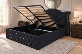 Pat tapițat Chesterfield din catifea Velora Cristal 160×200 cm, negru, cu ladă de depozitare