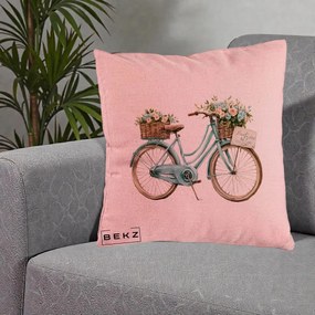 Perna Decorativa Bicicleta Teal cu Cosuri Duble de Flori Vintage, 40x40 cm, Roz, Husa Detasabila, Perna Inclusa, BEKZ®