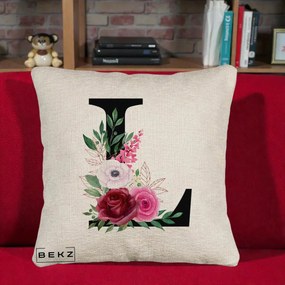 Cadou Personalizat - Perna Personalizata Monograma Florala Litera L, 40x40 cm, Bej Canapea, Husa Detasabila, Perna Inclusa, BEKZ®