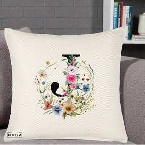 Cadou Personalizat - Perna Personalizata Monogram Litera J cu Flori Acuarela, 40x40 cm, Crem Reliefat, Husa Detasabila, Perna Inclusa, BEKZ®