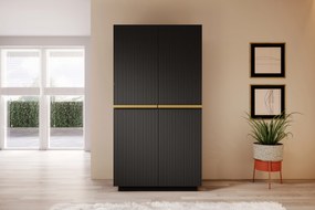 Dulap Nicole 100 cm cu două uși cu față canelată și mânere metalice - negru mat / mânere aurii