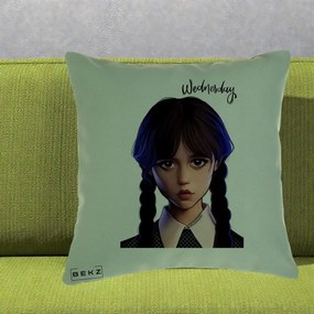 Perna Personalizata Wednesday Addams Portret Realist, 40x40 cm, Verde, Husa Detasabila, Perna Inclusa, BEKZ®