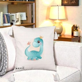 Perna Personalizata Dinozaur Bland Coroana Kawaii, 40x40 cm, Bej cu Franjuri, Husa Detasabila, Perna Inclusa, BEKZ®
