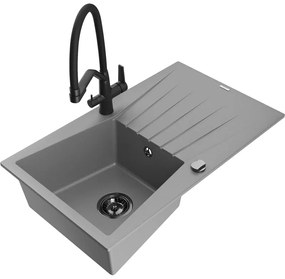 Mexen Cesar chiuvetă de granit cu un compartiment, cu picurător și baterie de bucătărie Duo, Gri - 6514-71-671701-70-B