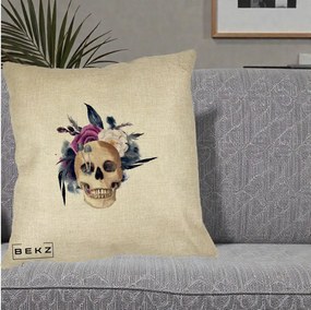 Perna Decorativa Craniu Floral cu Trandafiri si Ciuperci, 40x40 cm, Crem, Husa Detasabila, Perna Inclusa, BEKZ®