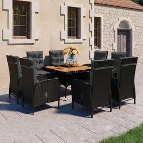 3058533 vidaXL Set mobilier grădină, 9 piese, negru, poliratan și lemn acacia