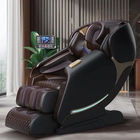 Fotoliu de masaj GABINIUS PRO CONFORT, cu Incalzire, Bluetooth, Display, Ecran tactil, Controler rapid cotiera, dispozitiv incarcare USB, Zero Gravity, 2 Boxe, Moduri Automate, Suport Picioare extensibil, Piele Ecologica Premium, Negru/Maro