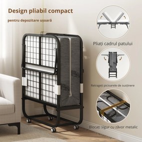 HOMCOM Pat pliant de oaspeți cu roți Oțel+Spumă Alb+Negru 200 x 80 x 42,5 cm | Aosom Romania