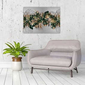 Tablou pe sticlă - Frunze tropicale, Galben - auriu (70x50 cm)