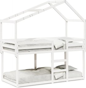 vidaXL Pat supraetajat cu acoperiș, alb, 90x200 cm, lemn masiv de pin