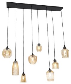 Lampă suspendată Art Deco neagră cu sticlă chihlimbar 8 lumini - Hanne