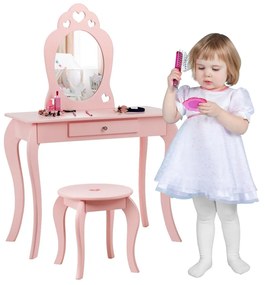 Măsuţă de toaletă pentru copii cu taburet şi oglindă de culoare roz