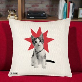 Perna Decorativa Pisica Star Pop Art, 40x40 cm, Crem Reliefat, Husa Detasabila, Perna Inclusa, BEKZ®